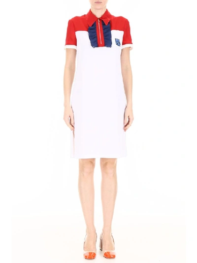 Shop Prada Dress With Ruffles And Logo Patch In Rosso Bianco Inchios (white)