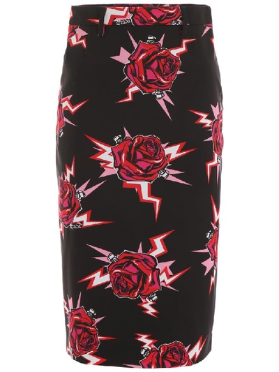 Shop Prada Rose Print Skirt In Lacca (black)