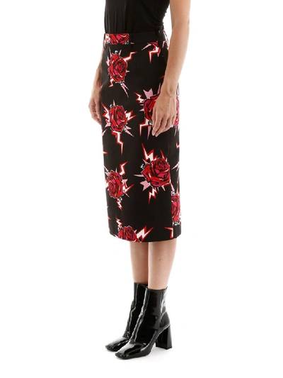 Shop Prada Rose Print Skirt In Lacca (black)