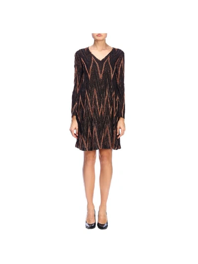 Shop M Missoni Dress With V-neck In Lurex Zigzag Knit In Rust