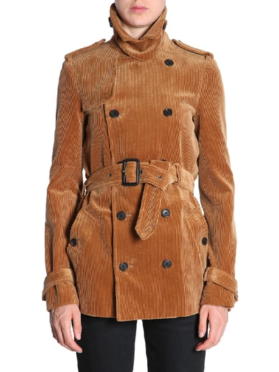 Shop Saint Laurent Ribbed Velvet Trench Coat In Marrone