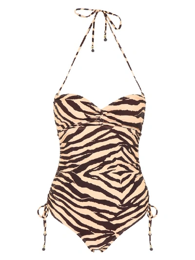 Shop Zimmermann Ruched Swimsuit In Zebra (beige)