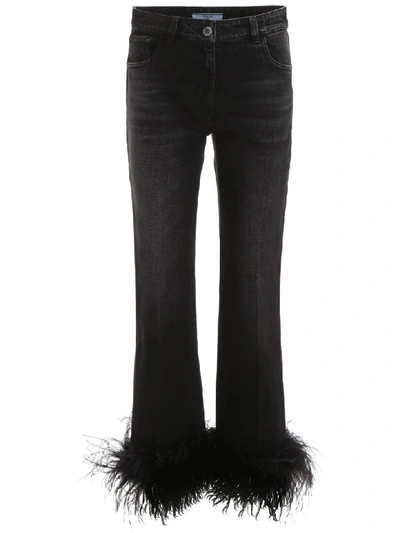 Shop Prada Jeans With Ostrich Feathers In Nero (black)