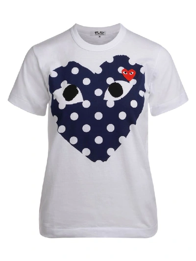 Shop Comme Des Garçons Play Womens White T-shirt With Blue Polka Dot Heart In Bianco