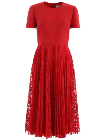 Shop Valentino Midi Dress With Lace Skirt In Rosso (red)