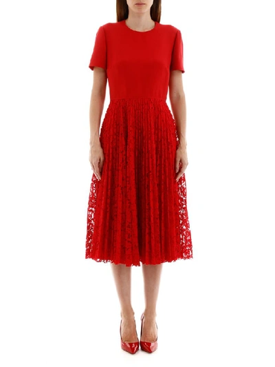 Shop Valentino Midi Dress With Lace Skirt In Rosso (red)