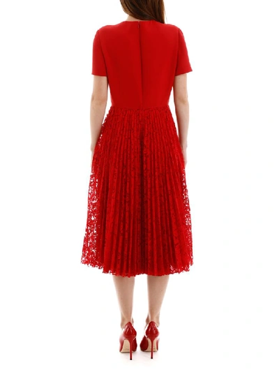 Shop Valentino Midi Dress With Lace Skirt In Rosso (red)