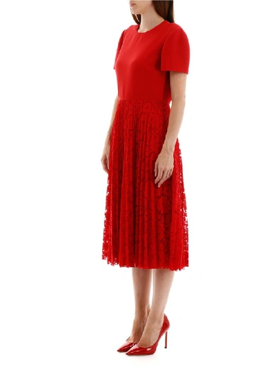 Shop Valentino Midi Dress With Lace Skirt In Rosso (red)