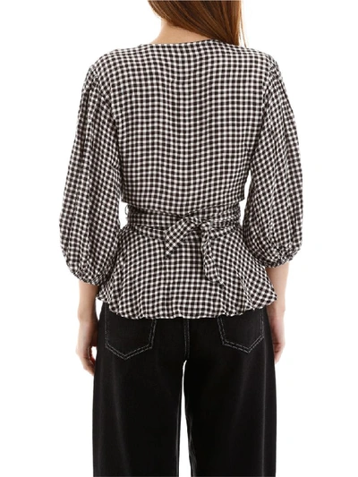 Shop Ganni Vichy Wrap Blouse In Black (white)