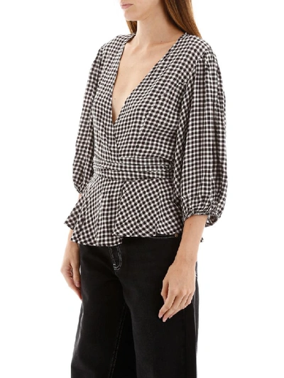 Shop Ganni Vichy Wrap Blouse In Black (white)