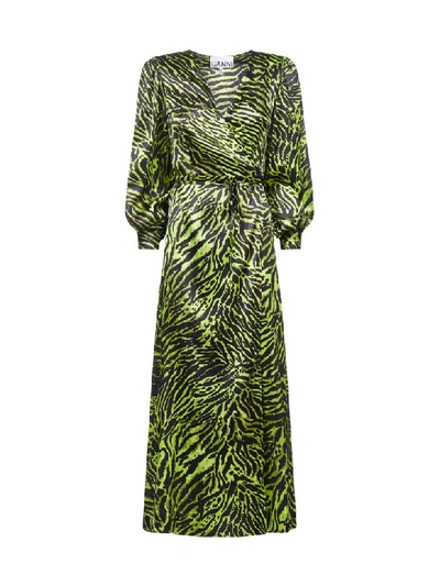Shop Ganni Dress In Lime Tiger