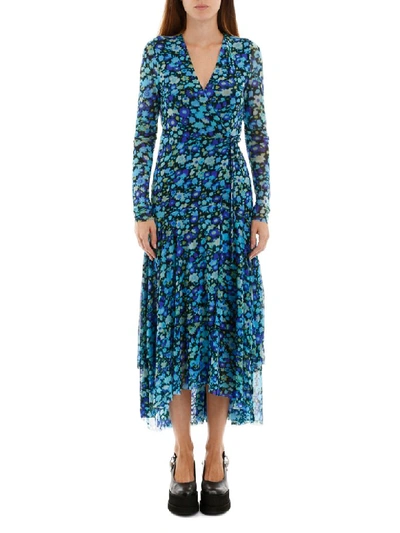 Shop Ganni Floral Wrap Dress In Azure Blue (blue)