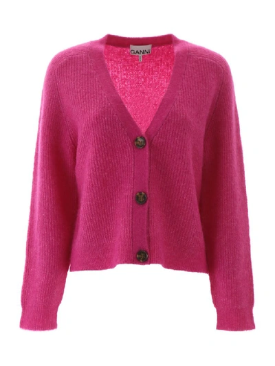 Shop Ganni V-neck Cardigan In Fuchsia Red (fuchsia)