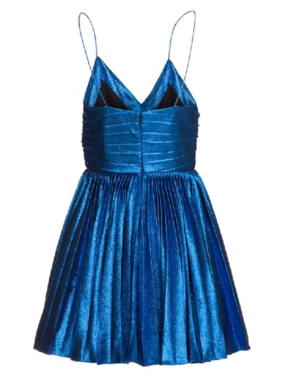 Shop Saint Laurent Pleated Dress In Lamé Silk In Blu