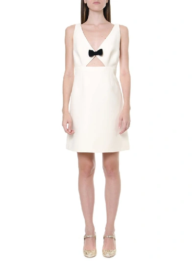 Shop Miu Miu Crepe & Wool Ivory Short Dress In Talc