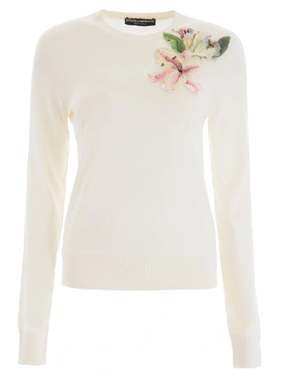 Shop Dolce & Gabbana Pull With Organza Flower In Bianco Naturale (white)