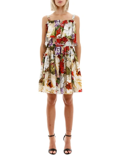 Shop Dolce & Gabbana Floral Print Short Dress In Fiori Beige Fdo Kaki (beige)