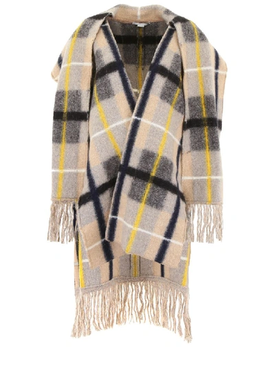 Shop Stella Mccartney Check Cape With Fringes In Camel Colourway (beige)