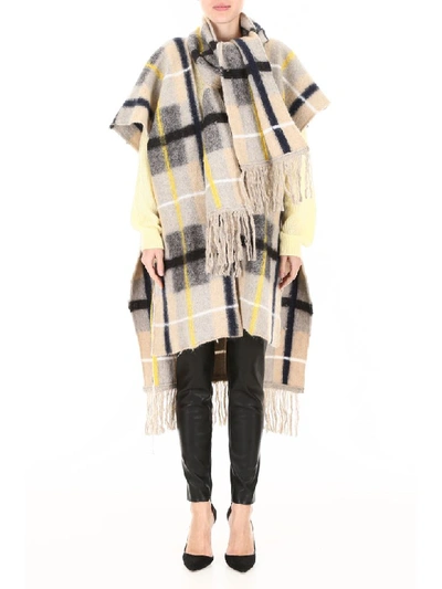 Shop Stella Mccartney Check Cape With Fringes In Camel Colourway (beige)