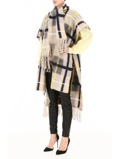Shop Stella Mccartney Check Cape With Fringes In Camel Colourway (beige)
