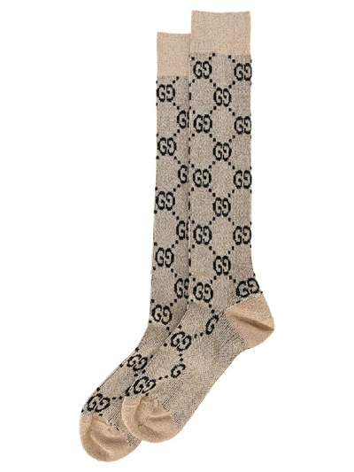 Shop Gucci Lamé Gg Socks In Ivory Black