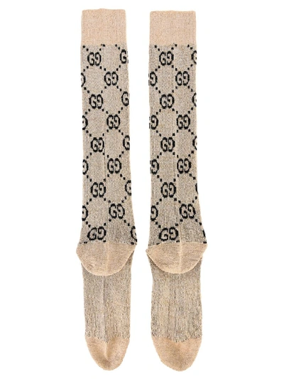 Shop Gucci Lamé Gg Socks In Ivory Black