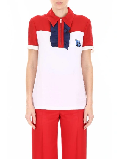 Shop Prada Polo Shirt With Ruffles And Logo Patch In Rosso Bianco Inchios (white)