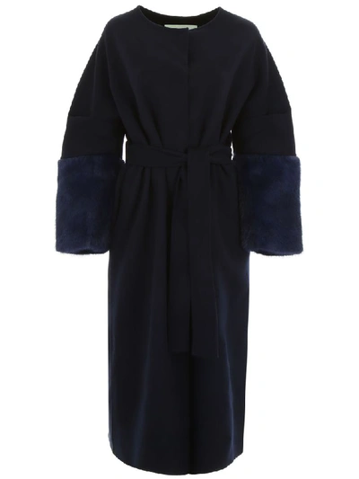 Shop Ava Adore Wool Coat With Mink Sleeves In Blu (blue)