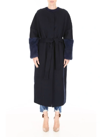 Shop Ava Adore Wool Coat With Mink Sleeves In Blu (blue)