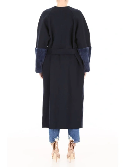 Shop Ava Adore Wool Coat With Mink Sleeves In Blu (blue)