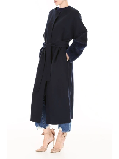 Shop Ava Adore Wool Coat With Mink Sleeves In Blu (blue)