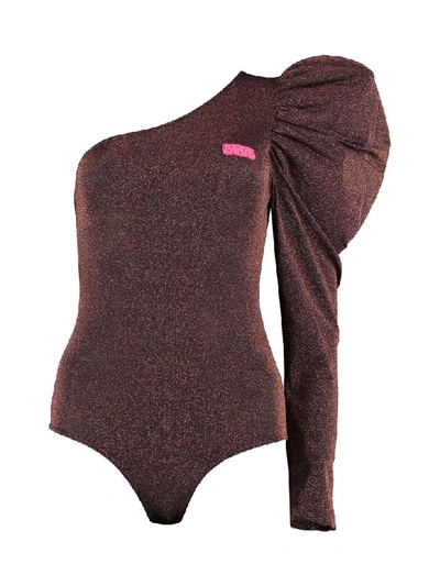 Shop Gcds Lurex Jersey One-shoulder Bodysuit In Burgundy