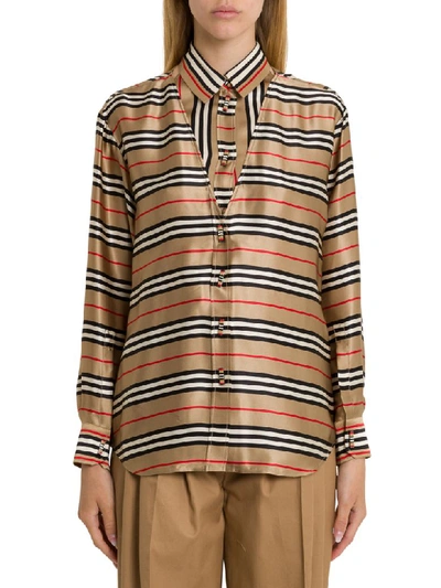 Shop Burberry Cut-out Detail Icon Stripe Silk Shirt In Beige