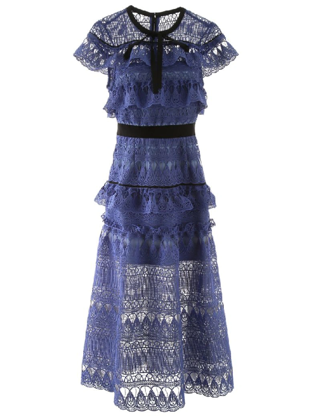 Self portrait Daphne Grosgrain trimmed Ruffled Guipure Lace Midi Dress In Blue black ModeSens