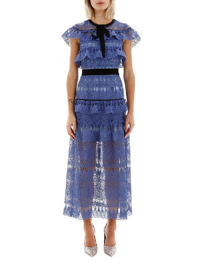 Shop Self-portrait Lace Daphne Dress In Cornflower Blue Black (blue)