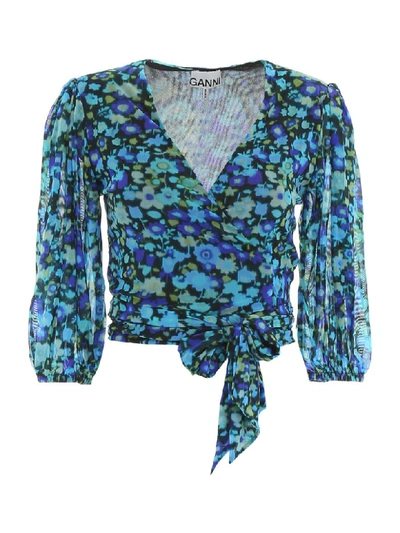 Shop Ganni Floral-printed Wrap Top In Azure Blue (blue)