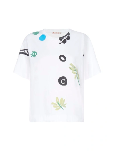 Shop Marni Logo And Print Cotton T-shirt In White Garden Green