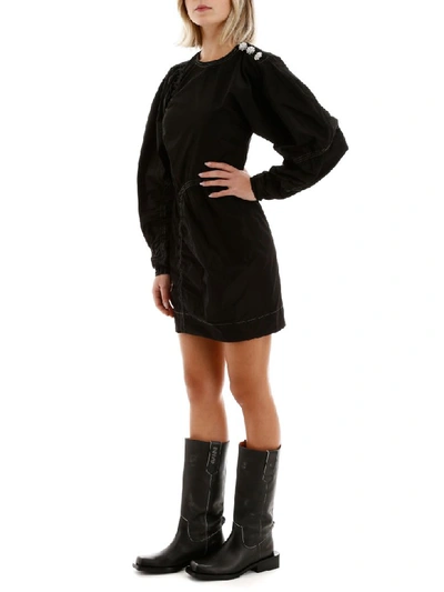 Shop Ganni Short Dress With Crystal Buttons In Black (black)