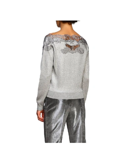 Shop Ermanno Scervino Sweater With Boat Neckline And Lace Inserts In Grey