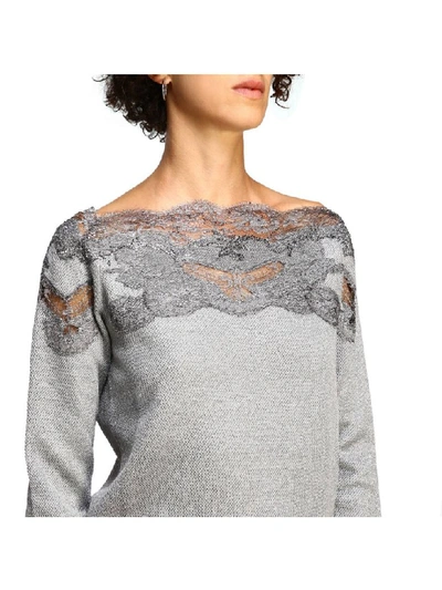 Shop Ermanno Scervino Sweater With Boat Neckline And Lace Inserts In Grey