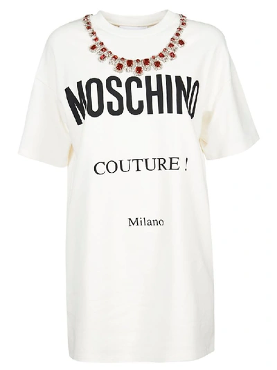 Shop Moschino Logo Print Embellished T-shirt Dress In White