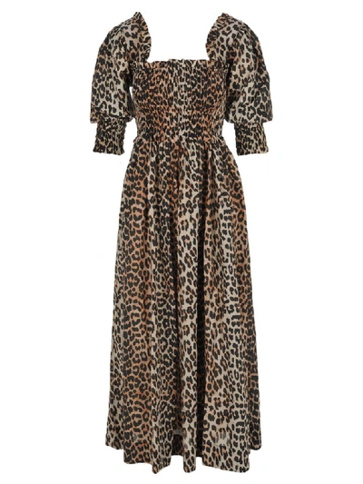 Shop Ganni Cotton Silk Maxi Dress In Leopard Print