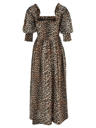 Shop Ganni Cotton Silk Maxi Dress In Leopard Print