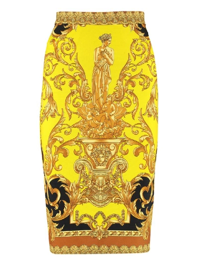Shop Versace Printed Pencil Skirt In Yellow