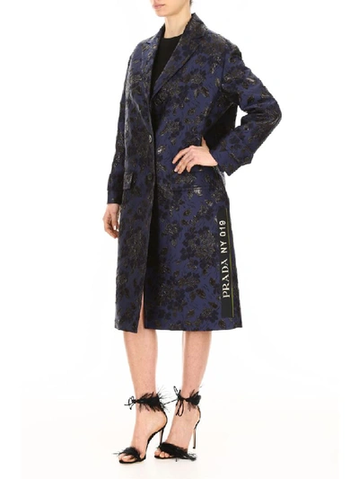 Shop Prada Cloquet Coat With Logo In Navy (blue)