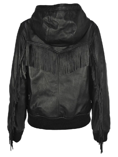 Shop Saint Laurent Shiny Lambskin Fringed Hoodie Jacket In Black