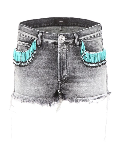 Shop Alanui Denim Shorts With Beads In Silverlake Wash (grey)