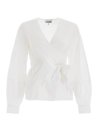 Shop Ganni Wrap Blouse In Bright White (white)