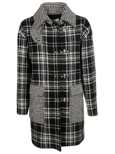 Shop Msgm Checked Duffle Coat In Black/white