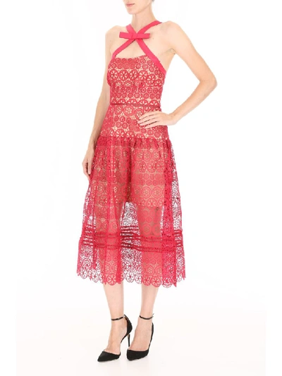 Shop Self-portrait Midi Lace Dress In Fuchsia Red (red)